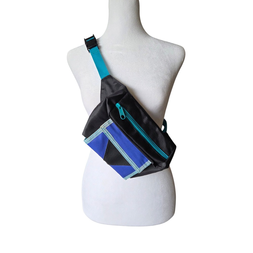 Vintage Style Colorblock Fanny Pack Black Blue Teal Waist Bag YKK Zippers